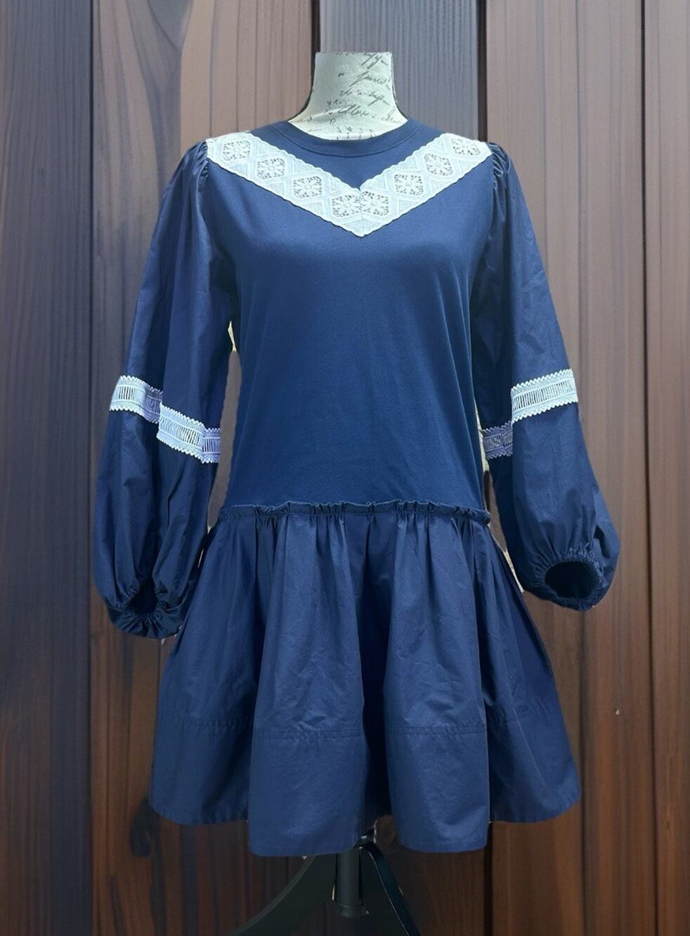 Tanya Taylor Puff Sleeve Kirstie Mini Dress Navy and White Women’s Size XS